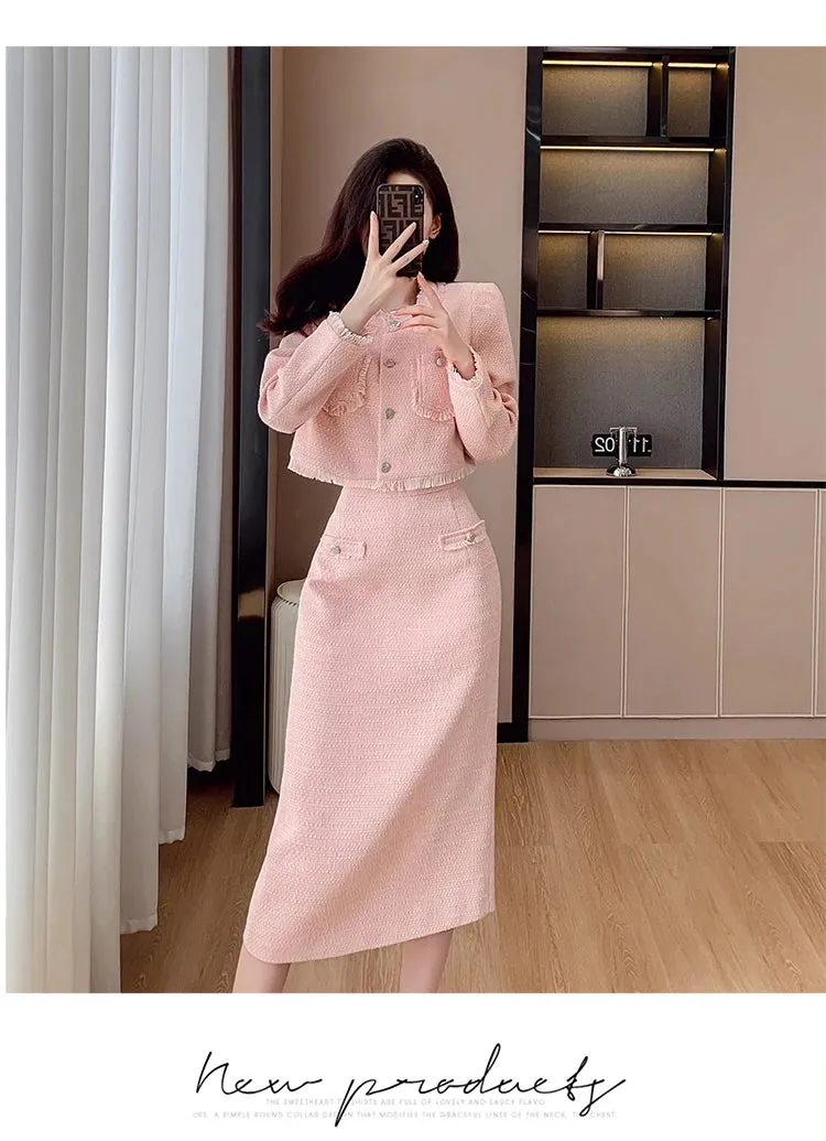 French Elegant Women Pink 2 Pieces Set 2023 Autumn Tassel Long Sleeve Coat A-line Chic Midi Skirt Spring Y2k Lady Dress Suits