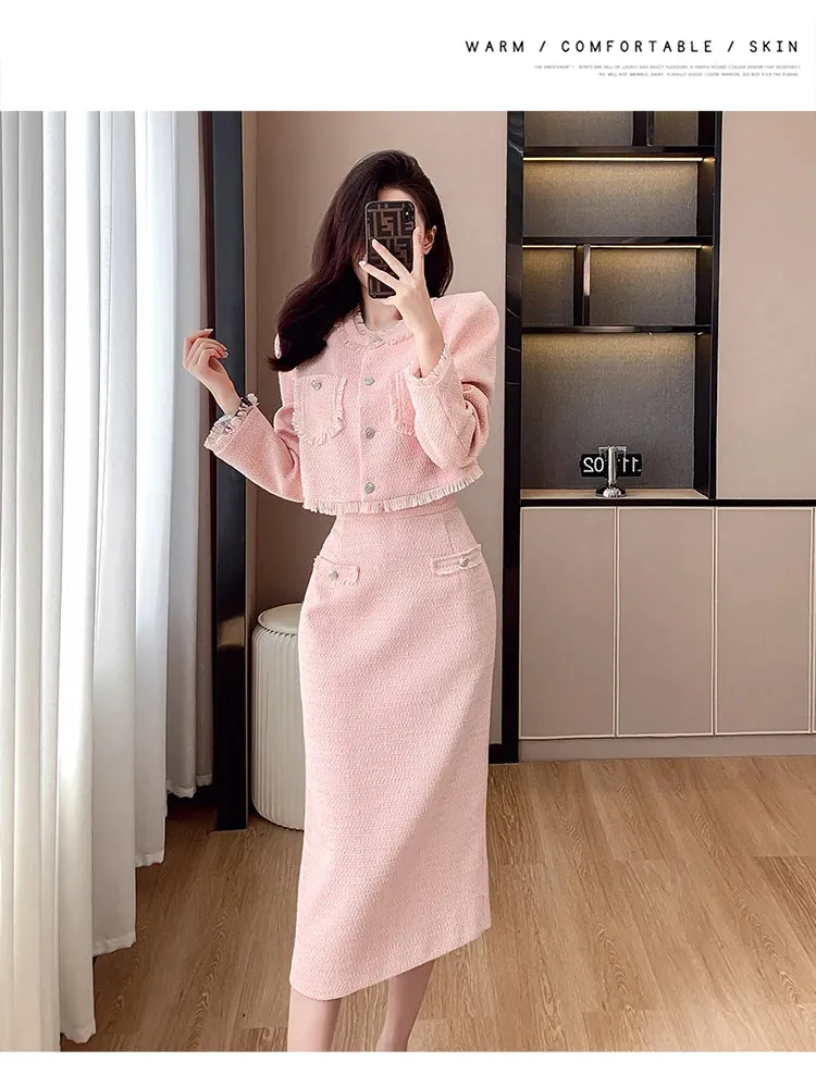 French Elegant Women Pink 2 Pieces Set 2023 Autumn Tassel Long Sleeve Coat A-line Chic Midi Skirt Spring Y2k Lady Dress Suits