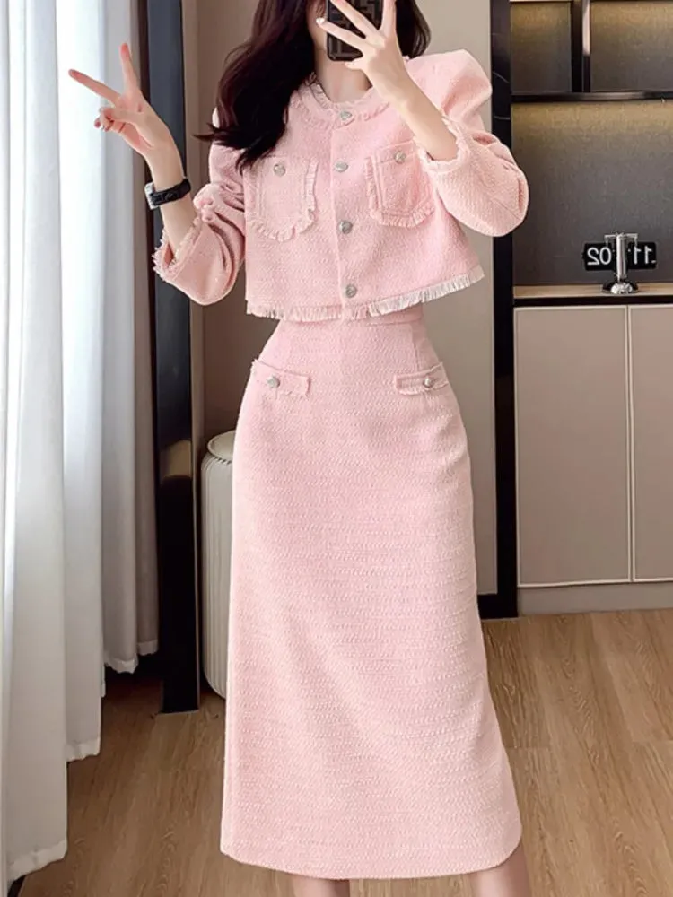 French Elegant Women Pink 2 Pieces Set 2023 Autumn Tassel Long Sleeve Coat A-line Chic Midi Skirt Spring Y2k Lady Dress Suits