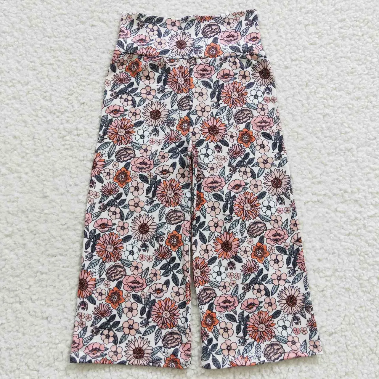 girl white floral print long pants P0154