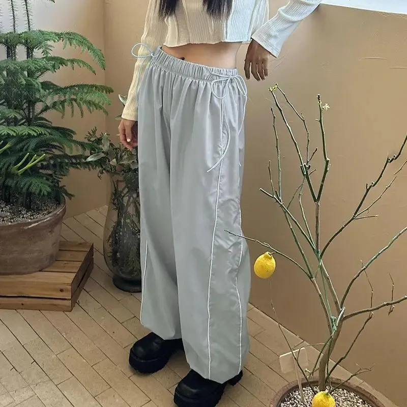 Girlary Y2K Drawstring Baggy Pants Women Casual Streetwear Side Stripe Elastic Straight Cargo Pants Aesthetic Jogger Trousers Sweatpants