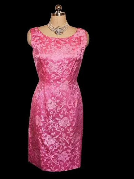 GORGEOUS VINTAGE 1960s- EARLY 1970s HOT PINK ROSE SATIN BROCADE DRESS WITH METAL ZIPPER & REVERSIBLE COAT FOR 2 DIFFERENT LOOKS - MADE IN HONG KONG