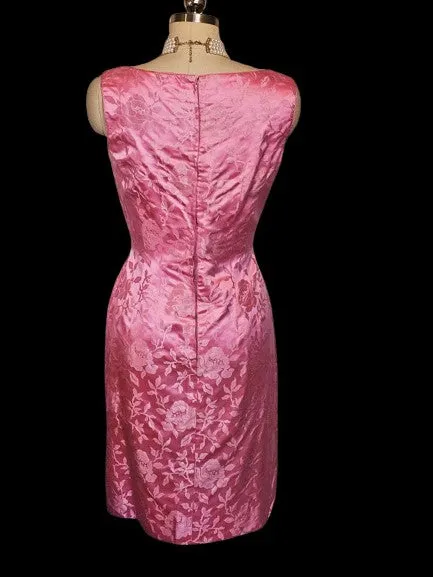 GORGEOUS VINTAGE 1960s- EARLY 1970s HOT PINK ROSE SATIN BROCADE DRESS WITH METAL ZIPPER & REVERSIBLE COAT FOR 2 DIFFERENT LOOKS - MADE IN HONG KONG