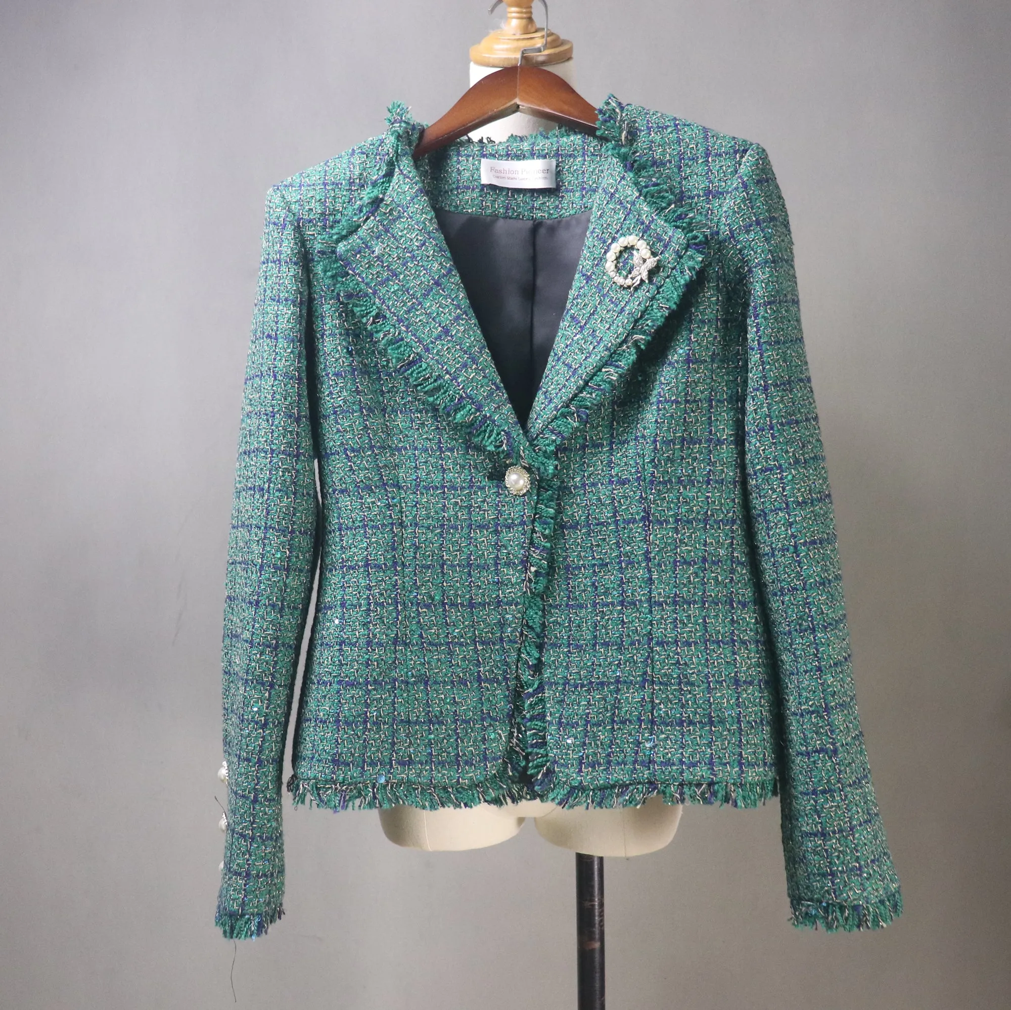 Green Tweed Checked Suit with Fishtail Midi Skirt