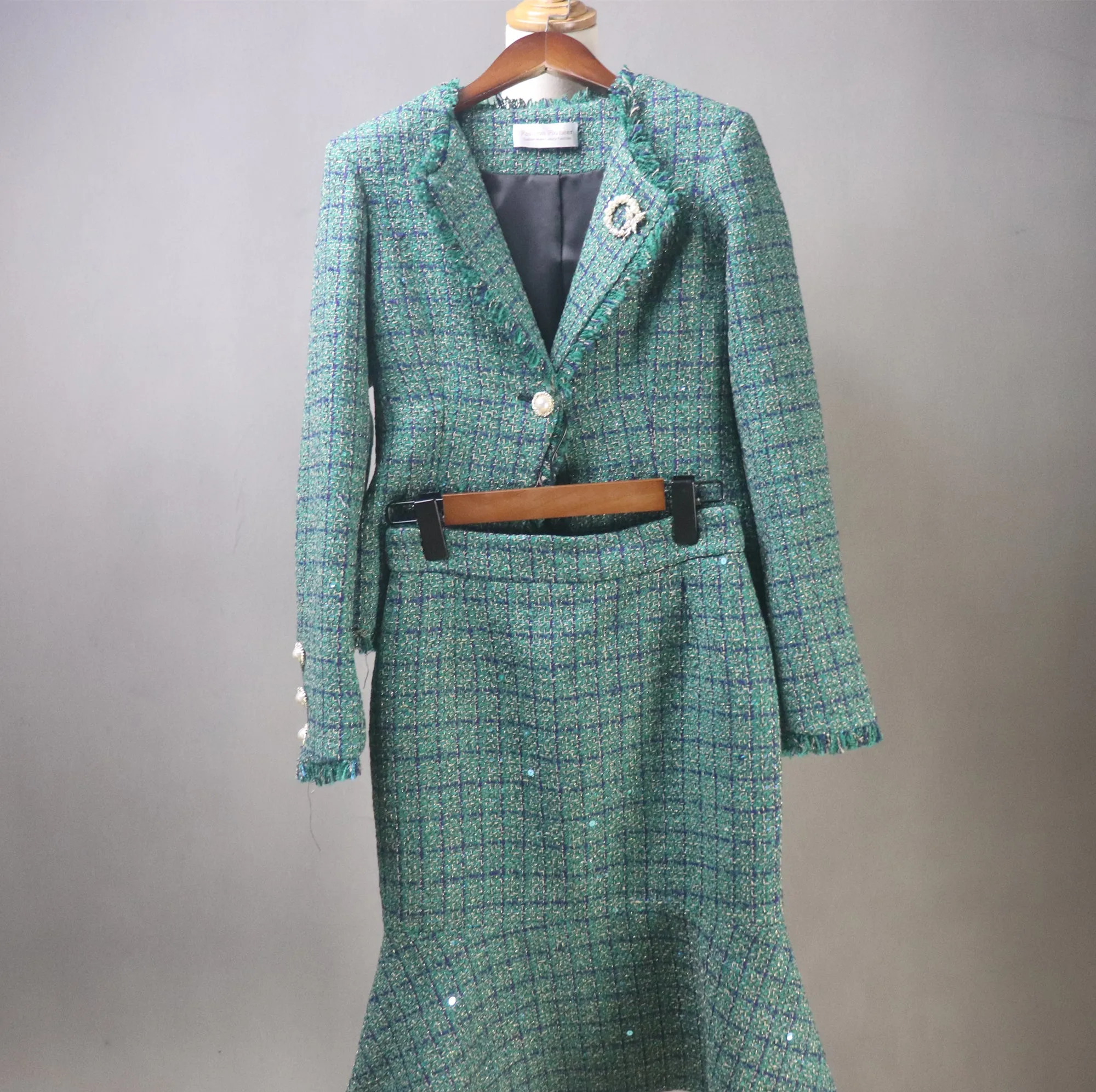 Green Tweed Checked Suit with Fishtail Midi Skirt