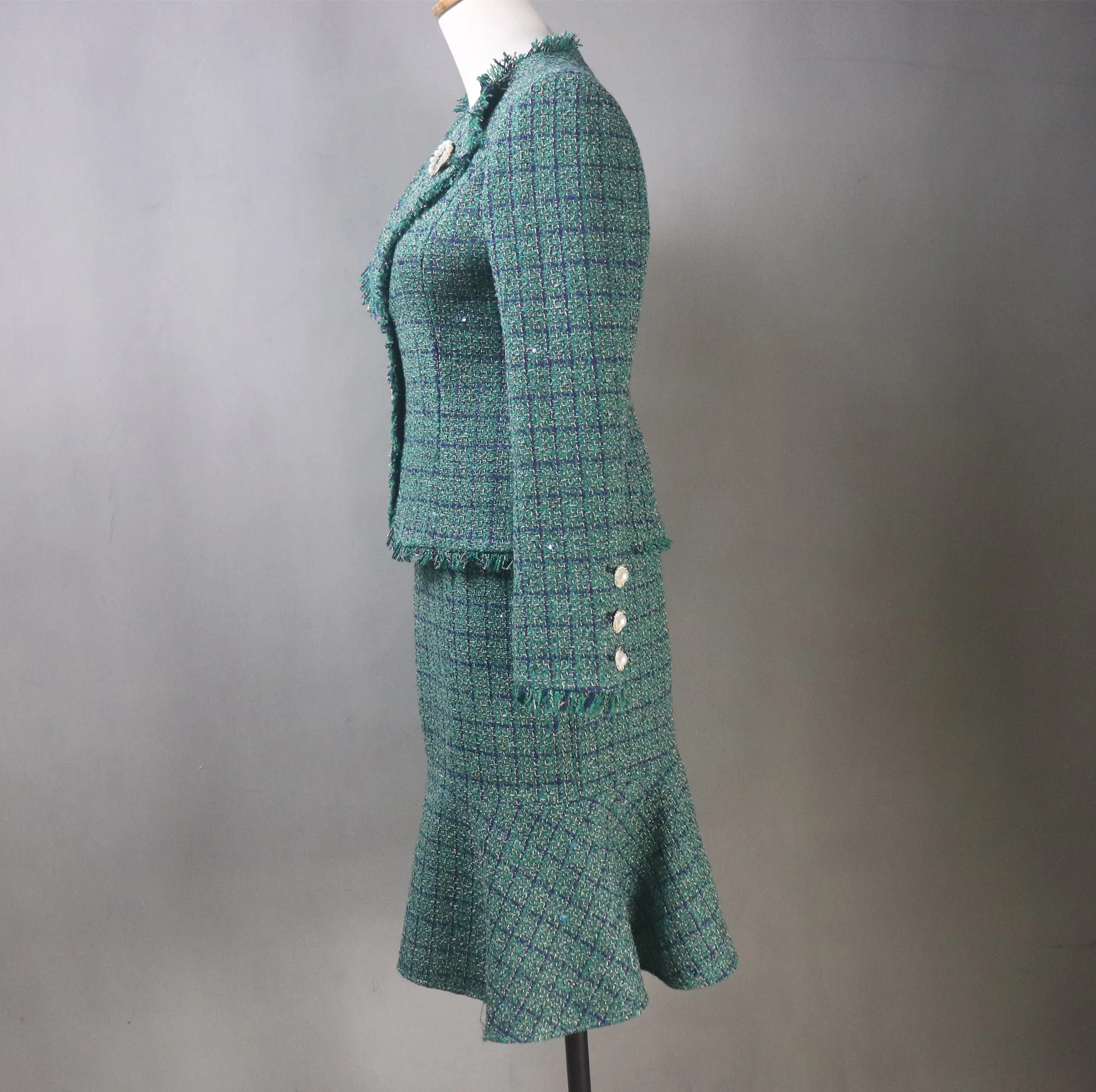 Green Tweed Checked Suit with Fishtail Midi Skirt