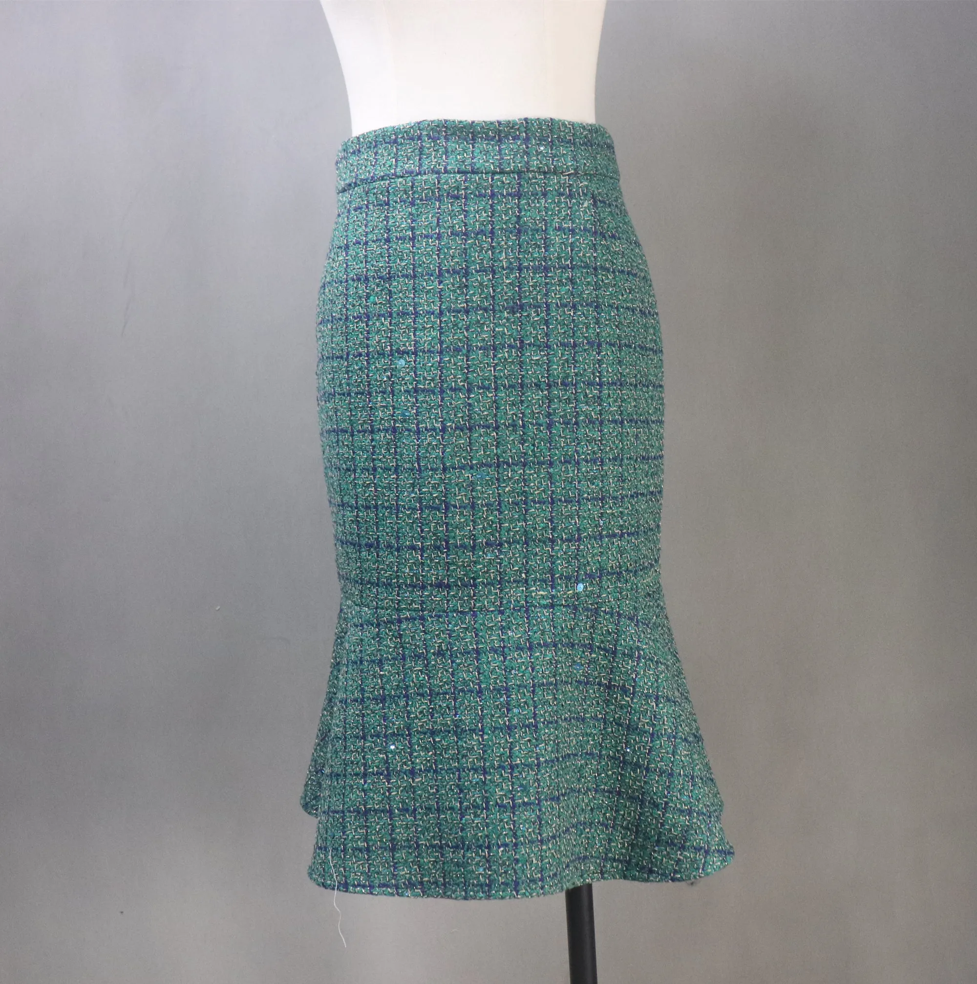 Green Tweed Checked Suit with Fishtail Midi Skirt