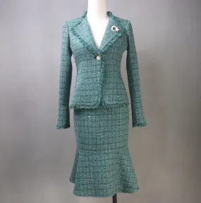 Green Tweed Checked Suit with Fishtail Midi Skirt