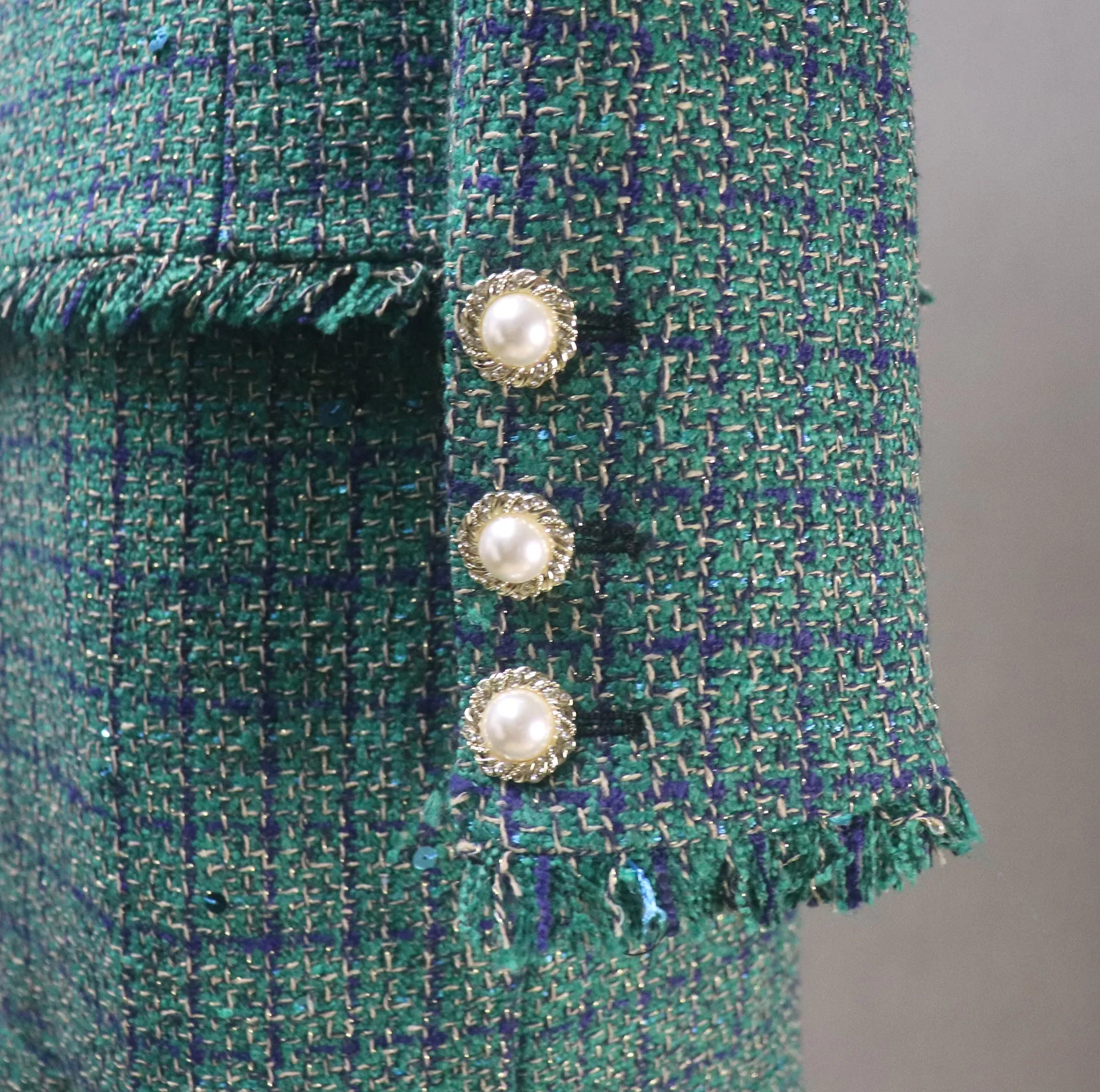 Green Tweed Checked Suit with Fishtail Midi Skirt