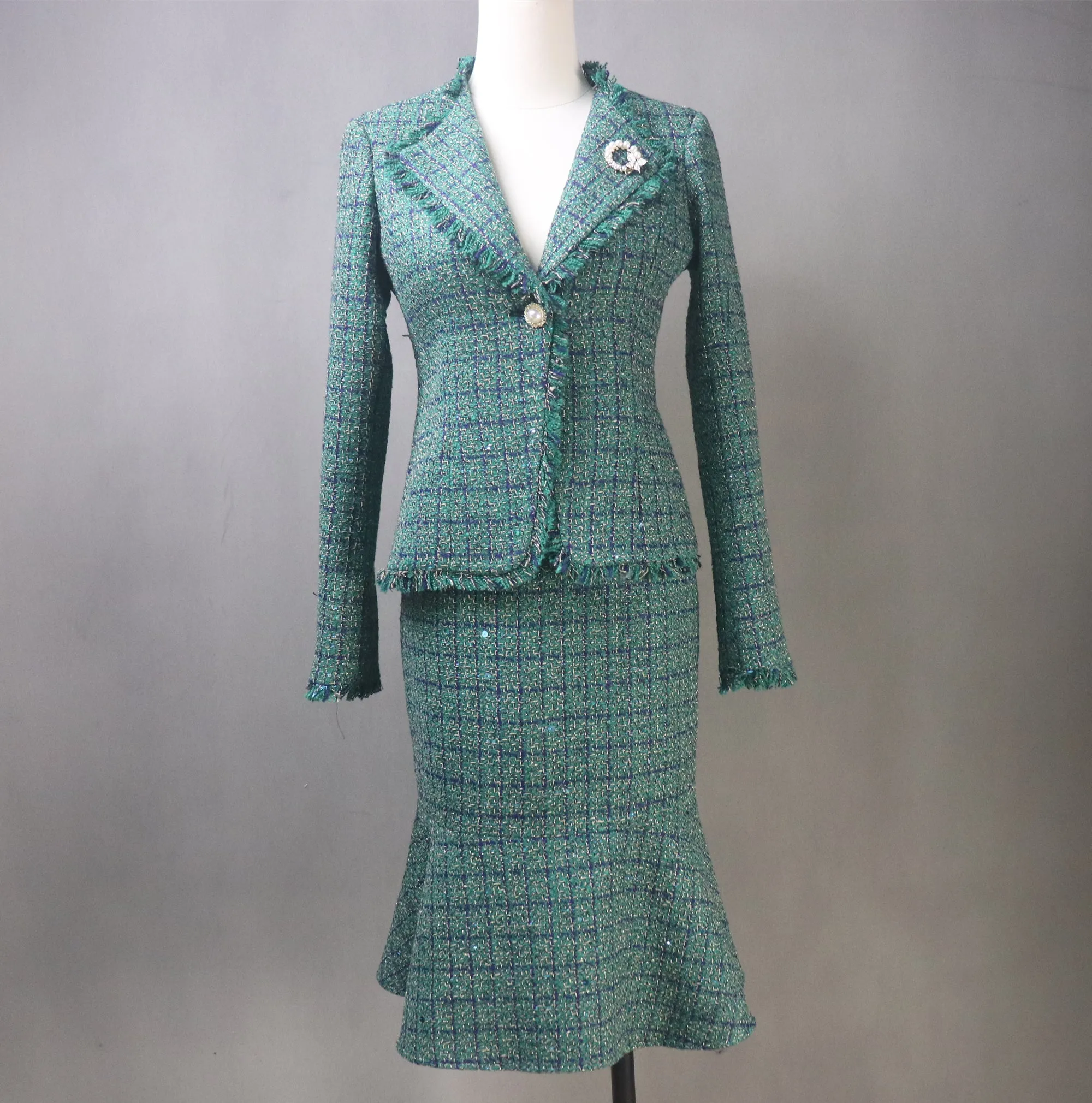 Green Tweed Checked Suit with Fishtail Midi Skirt