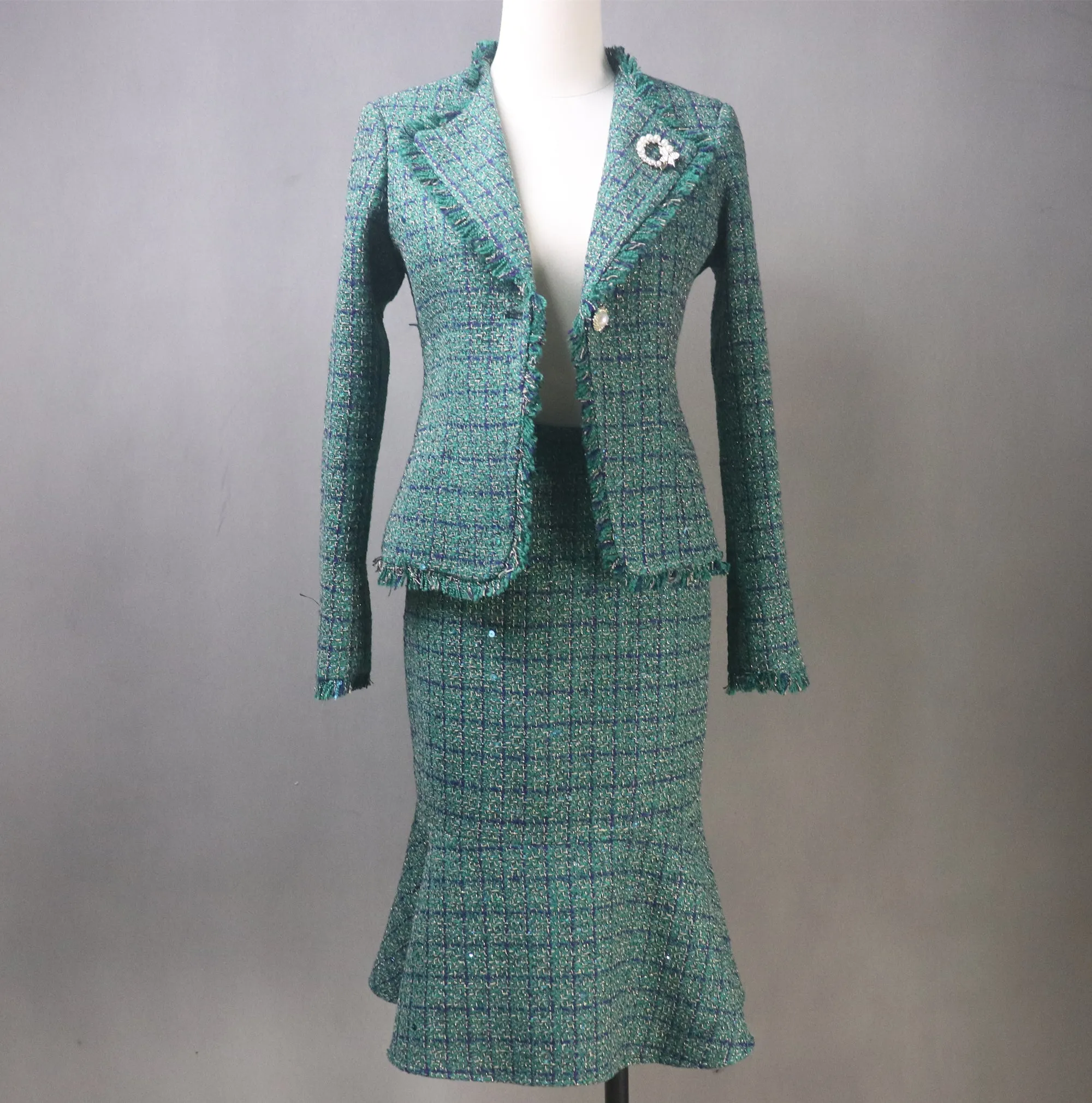 Green Tweed Checked Suit with Fishtail Midi Skirt