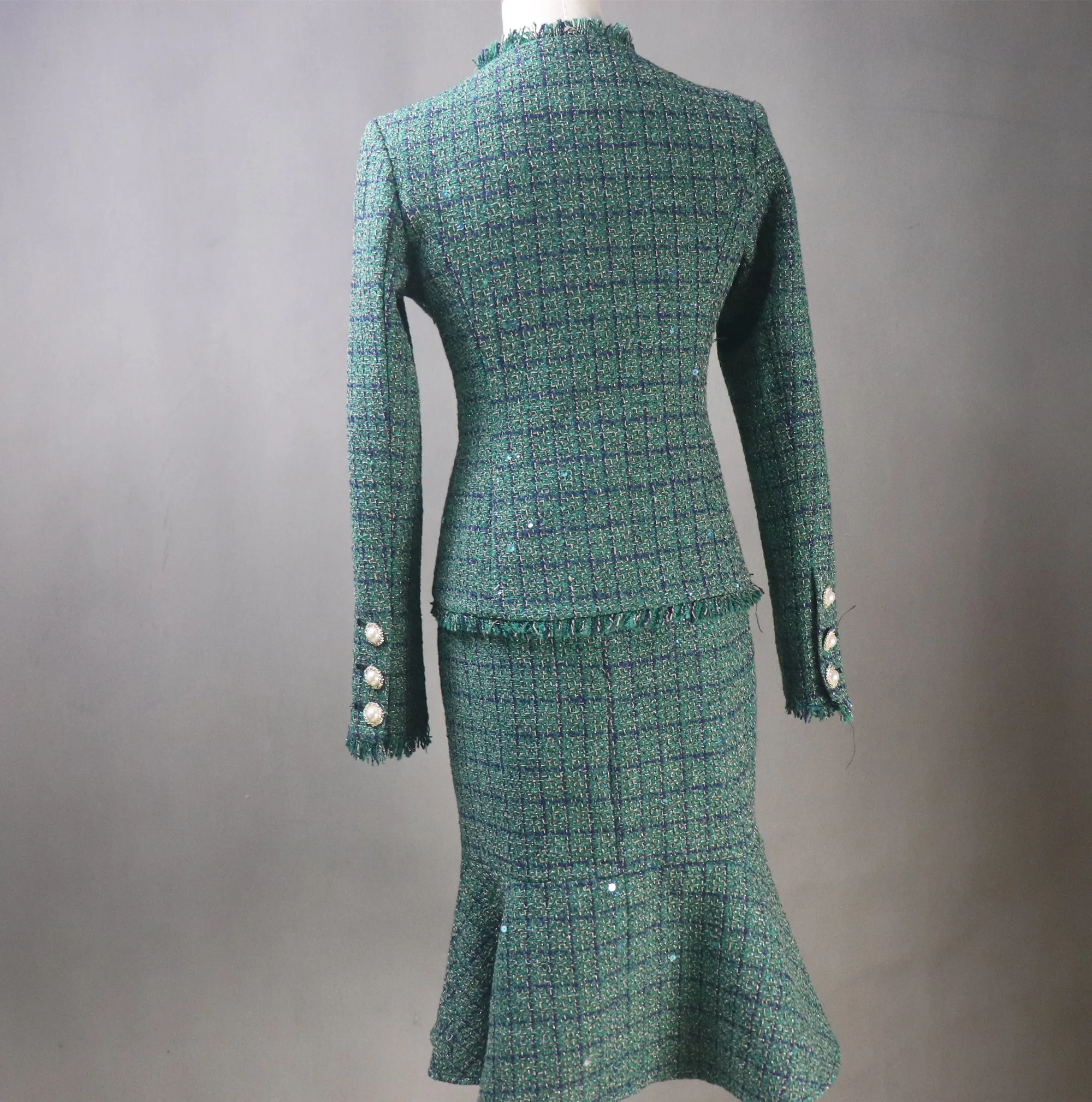 Green Tweed Checked Suit with Fishtail Midi Skirt