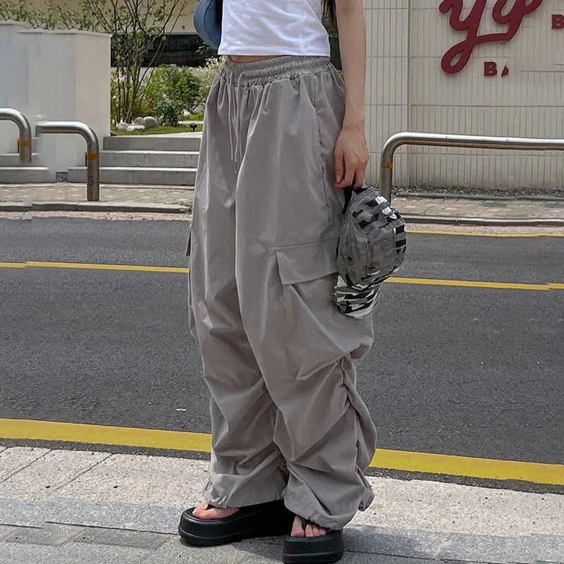 Harajuku Drawstring Elastic Waist Sweatpants Cargo Trousers Female Casual Shirring Pockets Stacked Pants Baggy Bottom