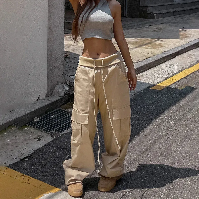 Harajuku Khaki Drawstring Low Waist Pants Female Casual Pockets Basic Cargo Trousers Korean Hip Hop Sweatpants Bottom