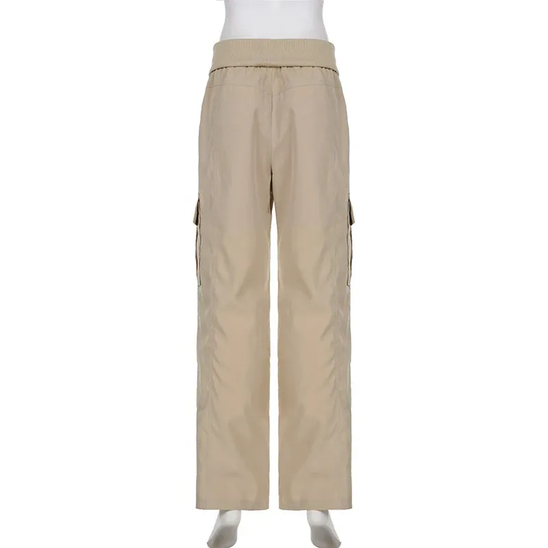 Harajuku Khaki Drawstring Low Waist Pants Female Casual Pockets Basic Cargo Trousers Korean Hip Hop Sweatpants Bottom