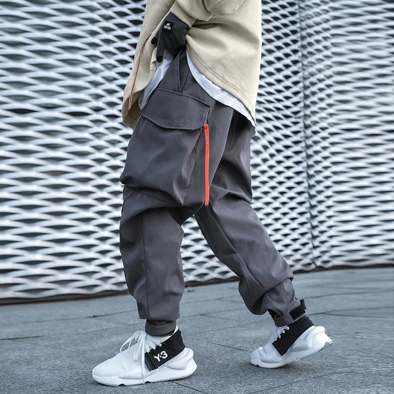 Hip Hop Men Pants Joggers Rope Ribbons Casual Loose Trousers Streetwear Techwear Cargo Pants Sweatpants WB625