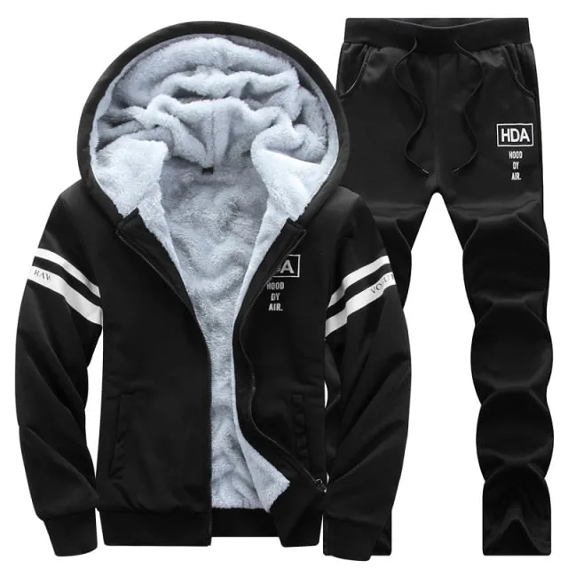 Inner Fur Mens Tracksuits Winter Casual Fleece Lined Sweatshirts Men 2 Piece Set