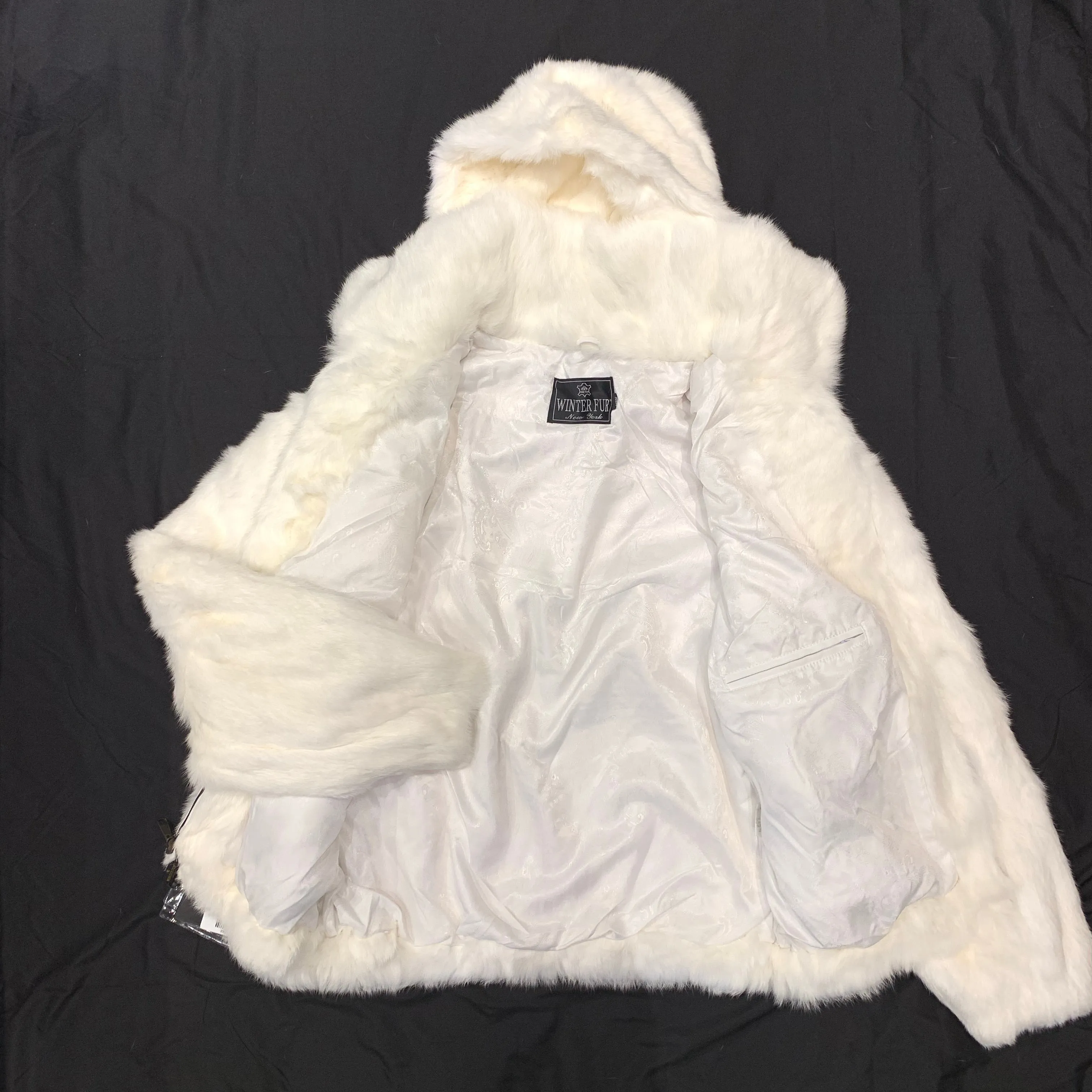 Kashani White Rabbit Fur Hooded Bomber Jacket