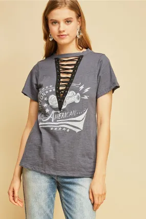 Lace Up Graphic Tee, Charcoal