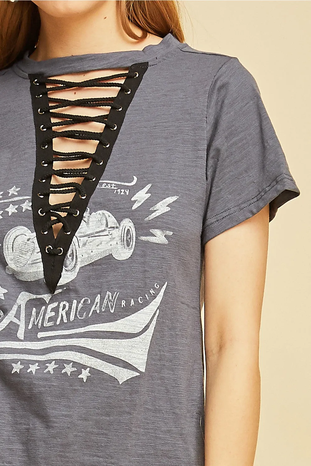 Lace Up Graphic Tee, Charcoal