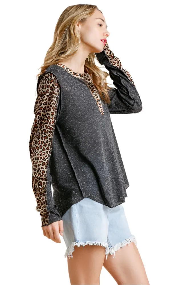 Leopard Trimmed Snap Front Top, Charcoal