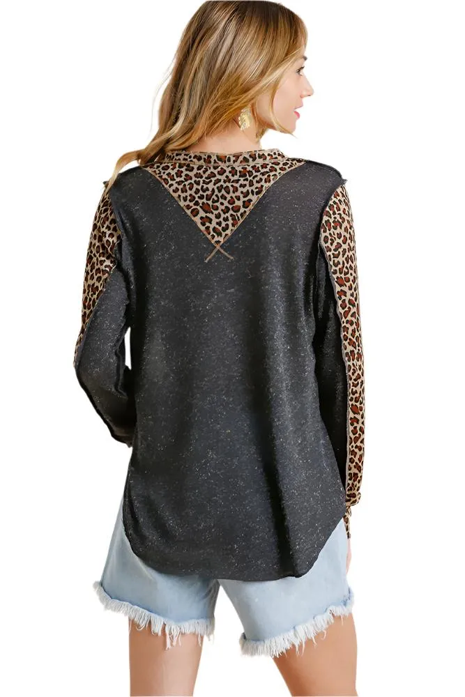 Leopard Trimmed Snap Front Top, Charcoal