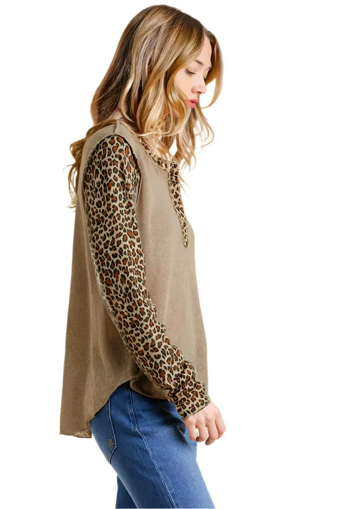 Leopard Trimmed Snap Front Top, Mocha