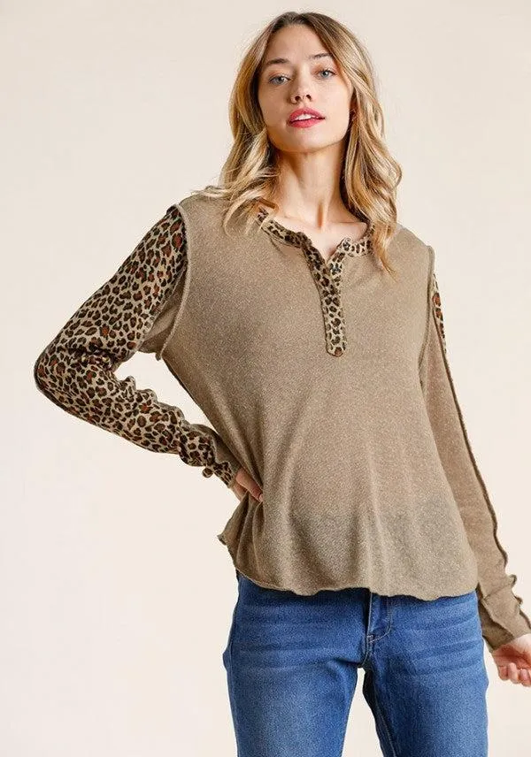 Leopard Trimmed Snap Front Top, Mocha