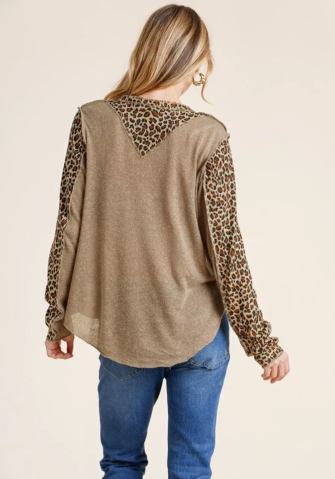 Leopard Trimmed Snap Front Top, Mocha