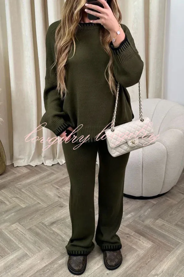 Life Memories Knit Contrast Stitch Trim Pullover Sweater and Stretch Loose Pants Set