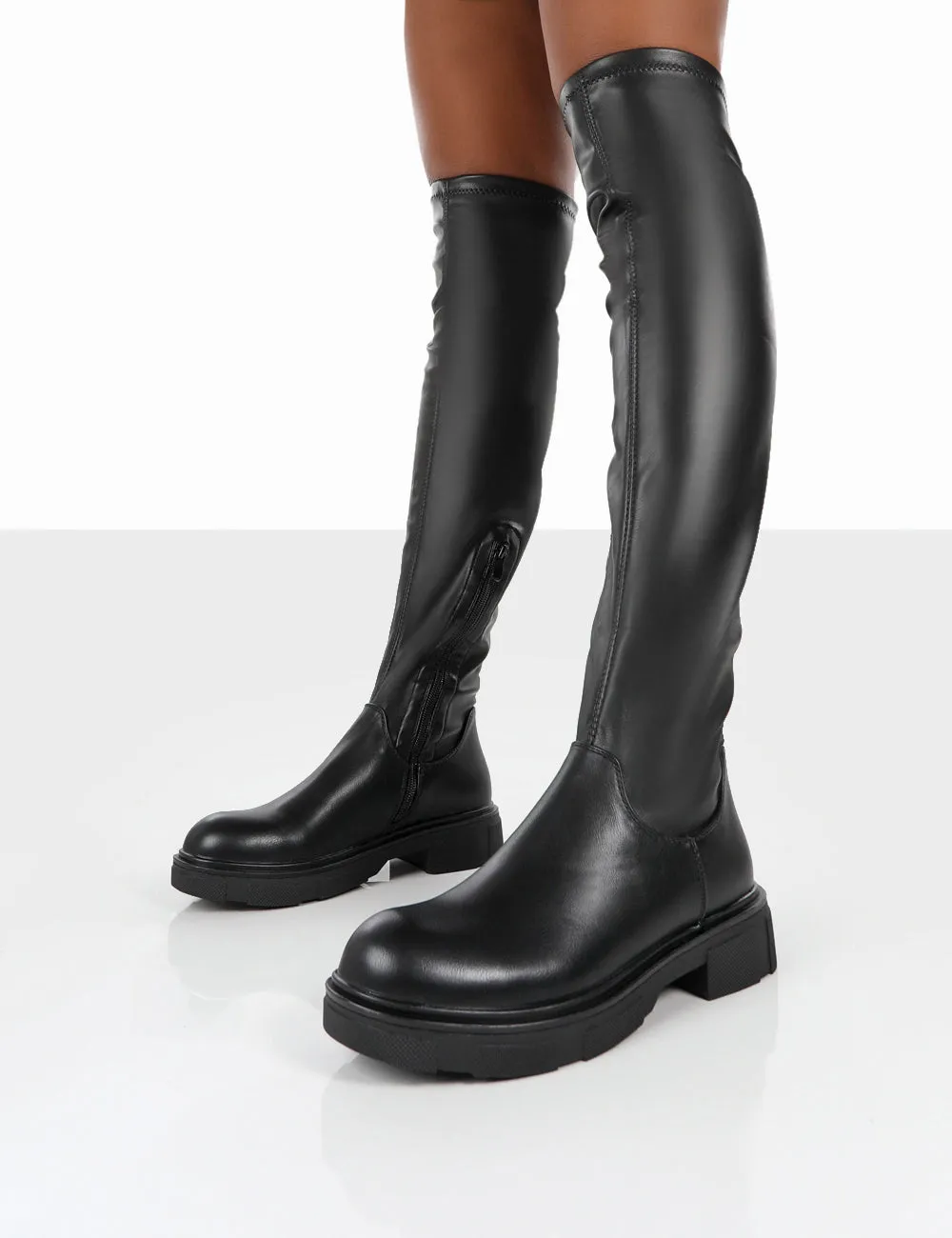 Lioness Black Pu over the Knee Chunky Sole Long Boots