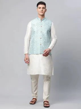 Men Dupion Silk Kurta Pyjama With Sky Blue Printed Nehru Jacket