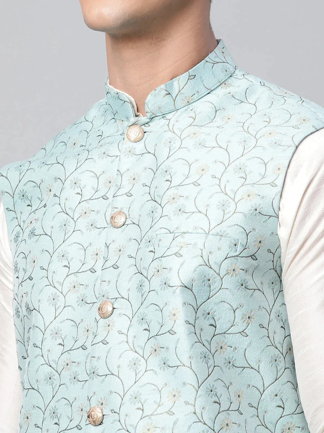 Men Dupion Silk Kurta Pyjama With Sky Blue Printed Nehru Jacket