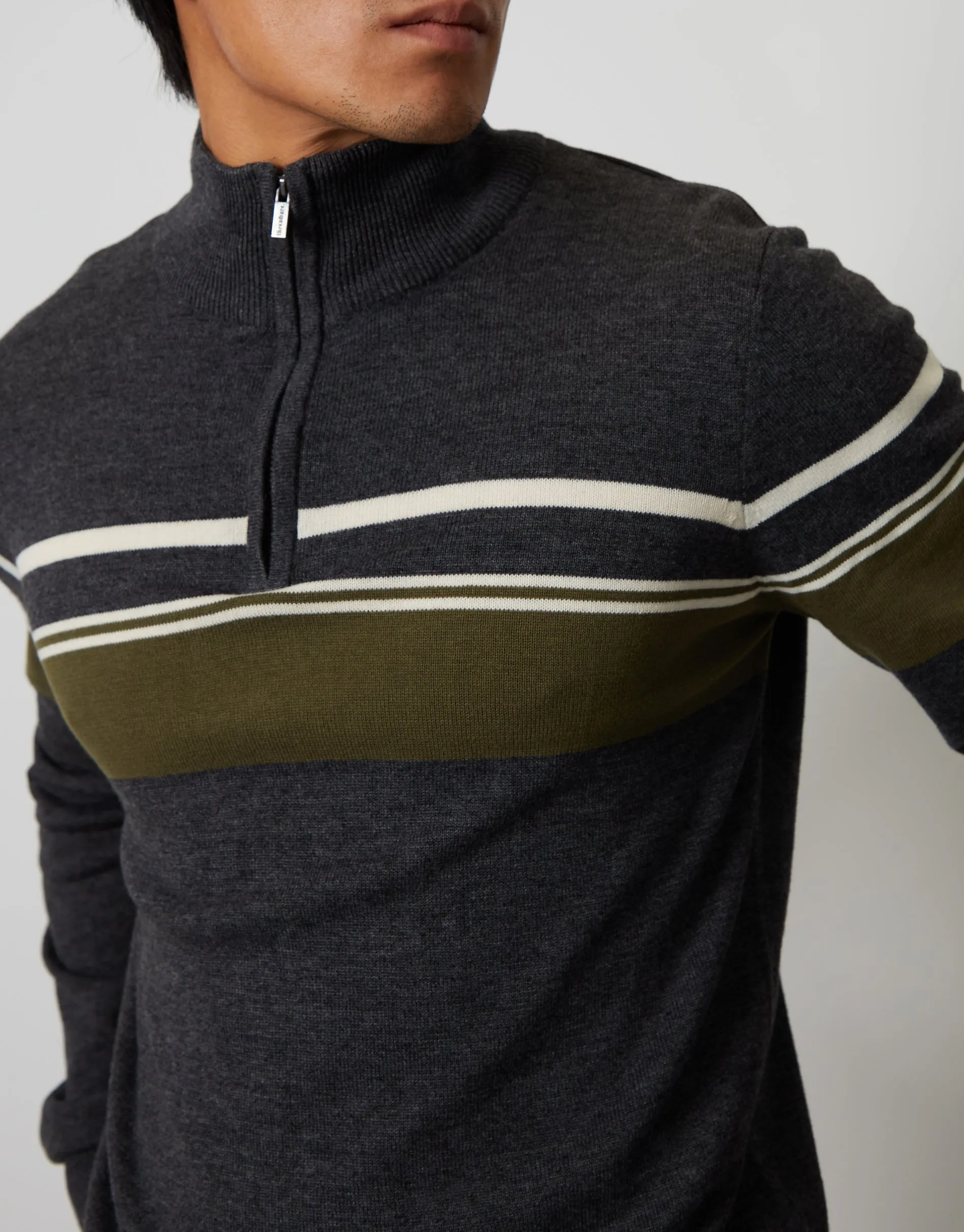 Men's Charcoal Marl Quarter Zip Colourblock Striped Knitted Jumper