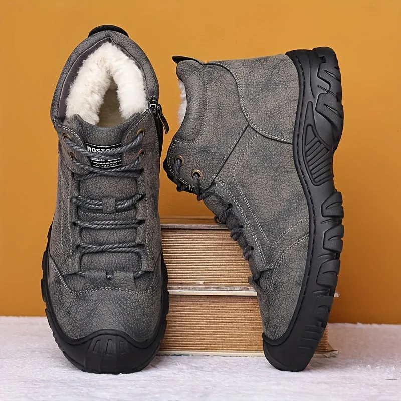 Men's Plush Snow Boots Thermal Winter Shoes Boots With Zippers, Casual Walking Shoes