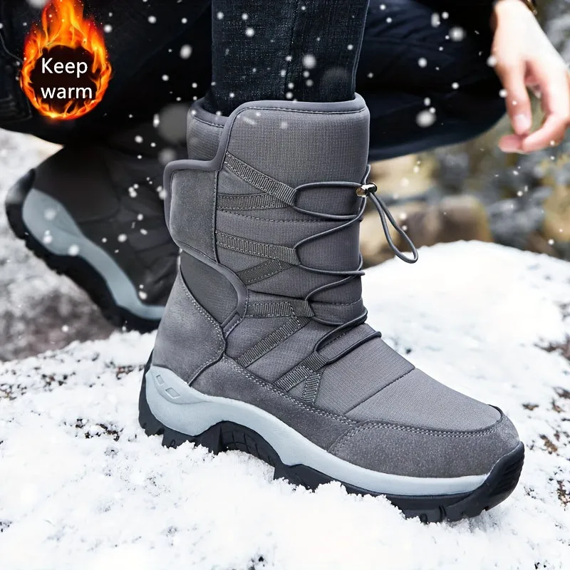 Men's Snow Boots With Hook And Loop Fastener, Winter Thermal Shoes, Windproof Hiking Boots With Fuzzy Lining