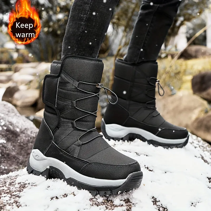 Men's Snow Boots With Hook And Loop Fastener, Winter Thermal Shoes, Windproof Hiking Boots With Fuzzy Lining