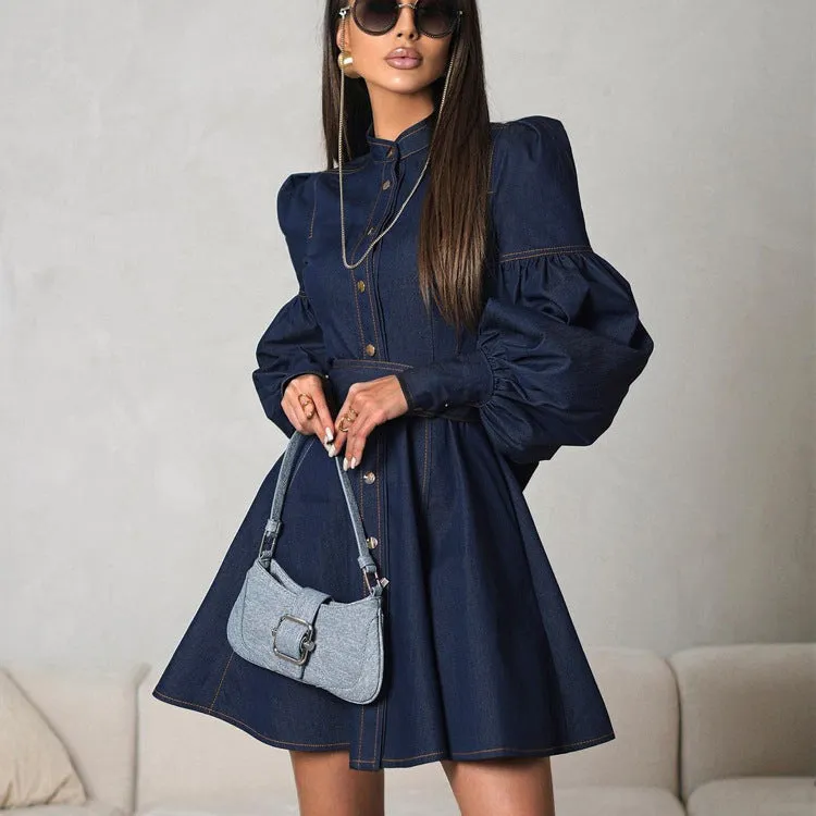 Navy Lantern Sleeve Denim Mini Dress – Perfect for Brunch