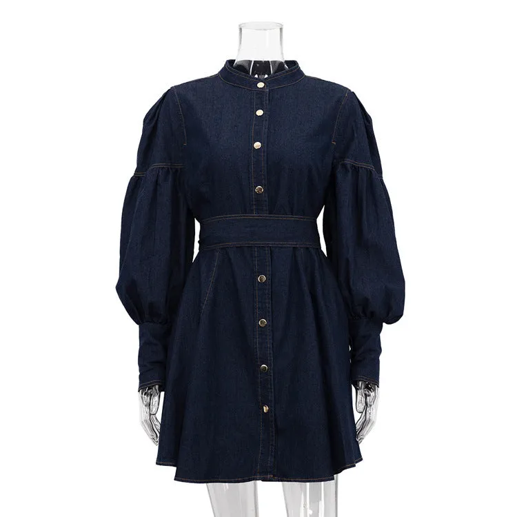 Navy Lantern Sleeve Denim Mini Dress – Perfect for Brunch