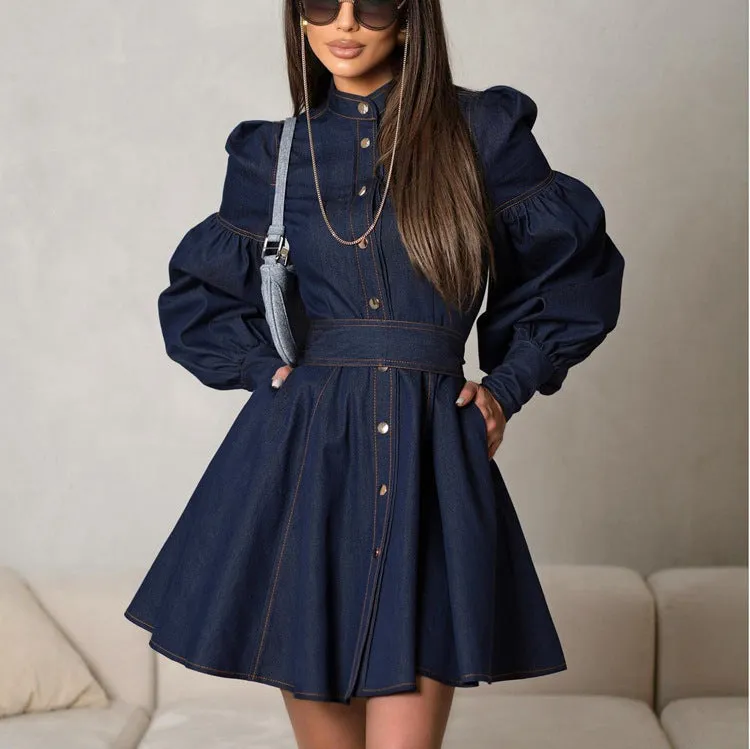 Navy Lantern Sleeve Denim Mini Dress – Perfect for Brunch