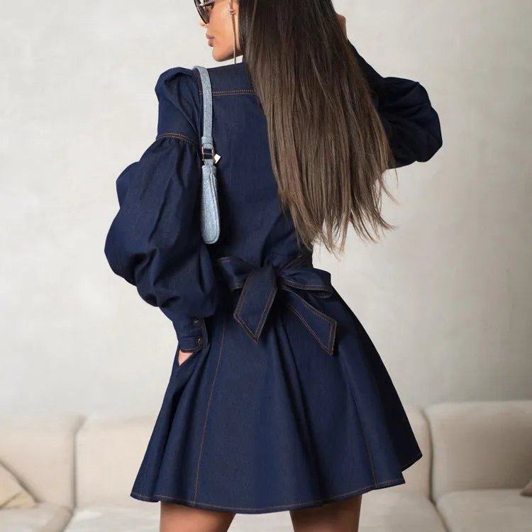 Navy Lantern Sleeve Denim Mini Dress – Perfect for Brunch