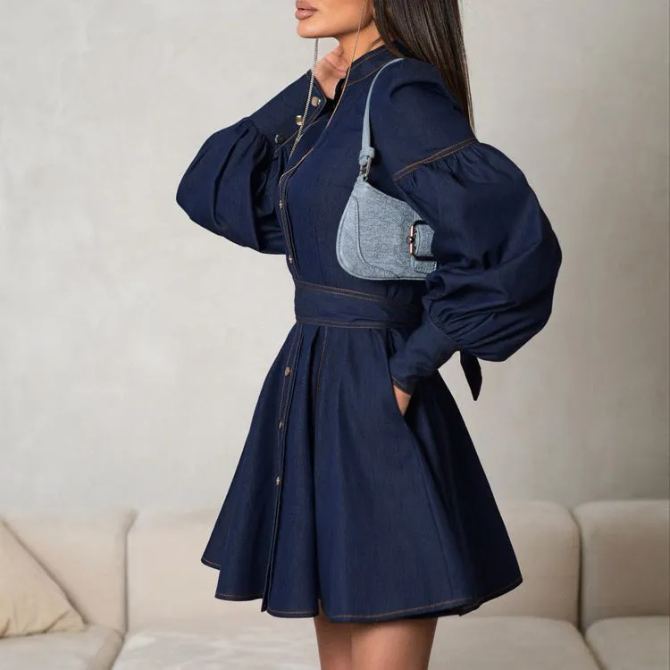 Navy Lantern Sleeve Denim Mini Dress – Perfect for Brunch