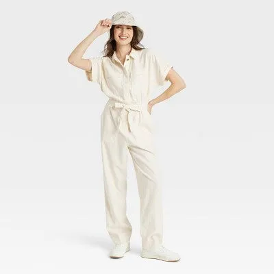 New - Universal Thread Women's Short Sleeve Linen Boilersuit Casual Jumpsuit