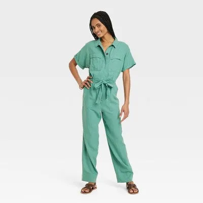 New - Universal Thread Women's Short Sleeve Linen Boilersuit Casual Jumpsuit