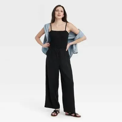 New - Universal Thread Women's Smocked Linen Maxi Jumpsuit Soft Fleece Straight Leg