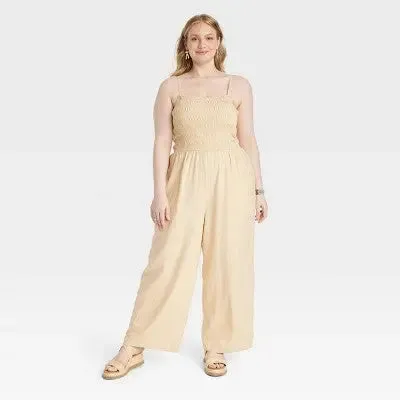 New - Universal Thread Women's Smocked Linen Maxi Jumpsuit Soft Fleece Straight Leg