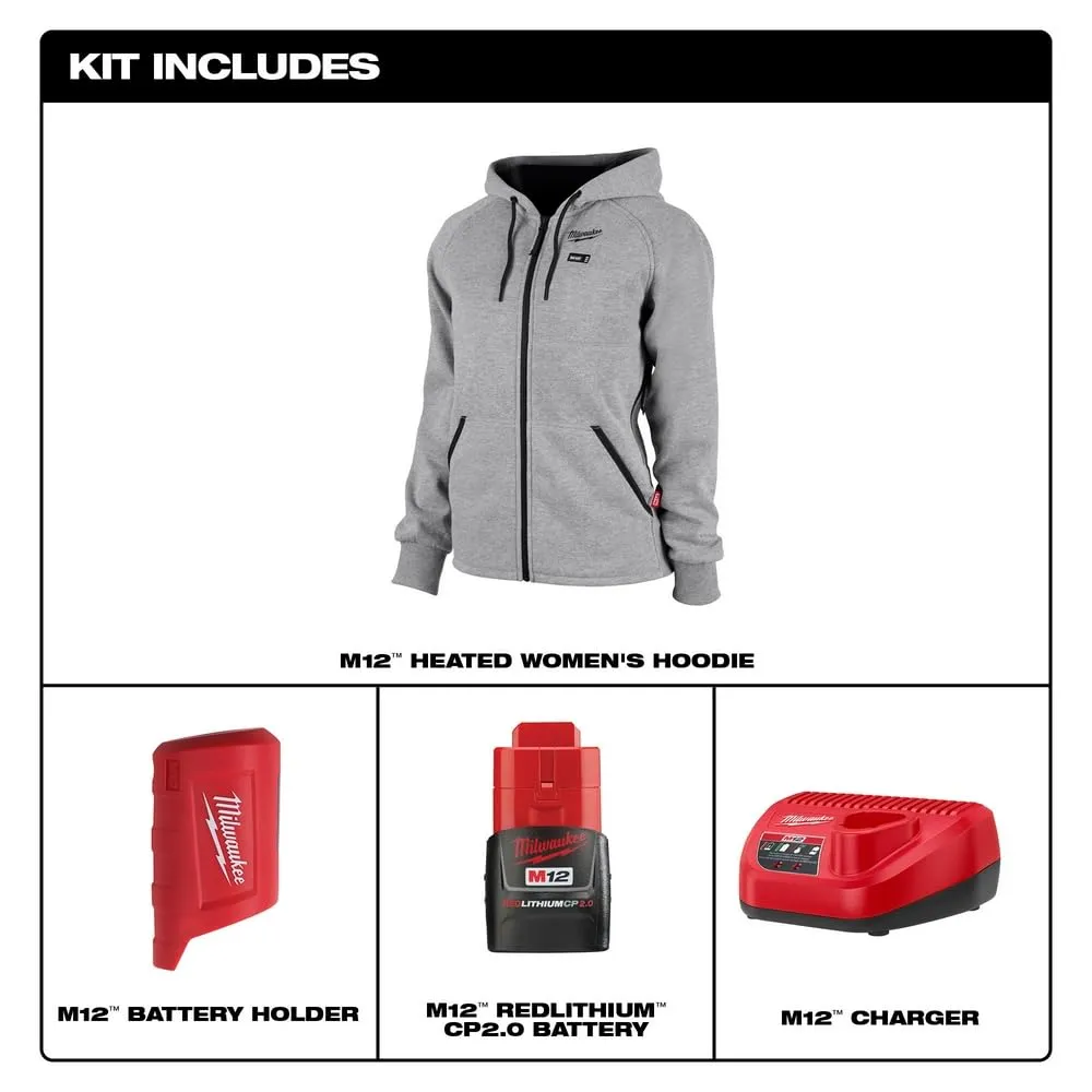 Open Box -  Milwaukee Tool Women's Large M12 12V Li-Ion Cordless Gray Heated Hoodie/Sweater Kit w/ (1) 2Ah Battery and Charger