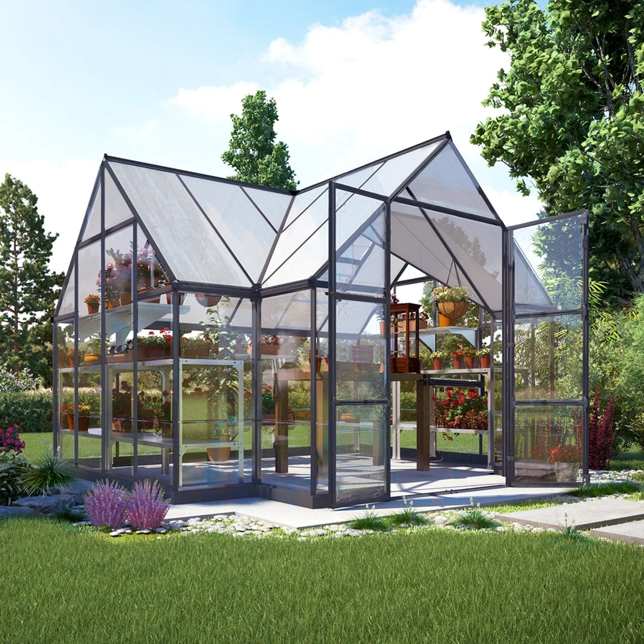 Palram - Canopia | 12x10 Ft Chalet Greenhouse Kit - Gray With 0.8mm Polycarbonate Glazing