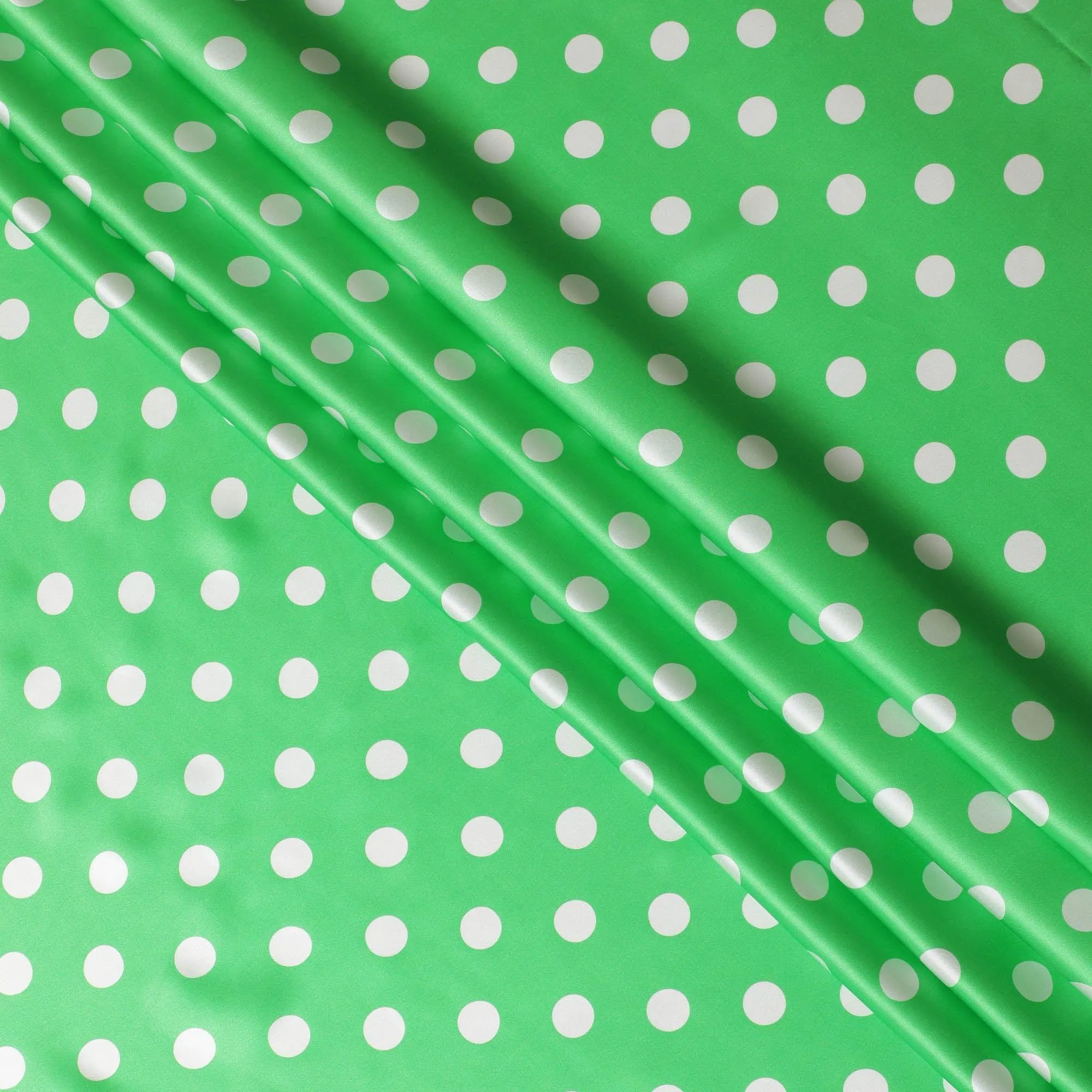 Parrot green pure silk satin fabric with white dots in polka dot design-D11040