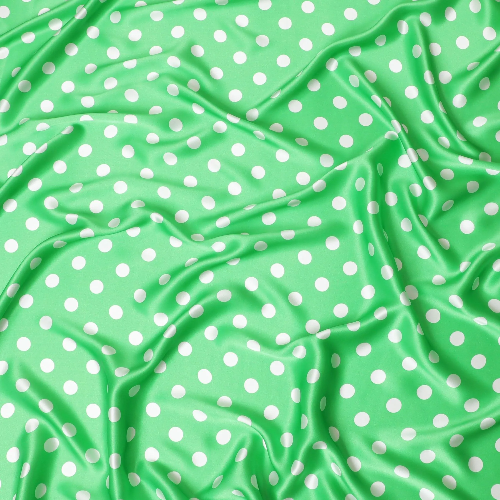 Parrot green pure silk satin fabric with white dots in polka dot design-D11040